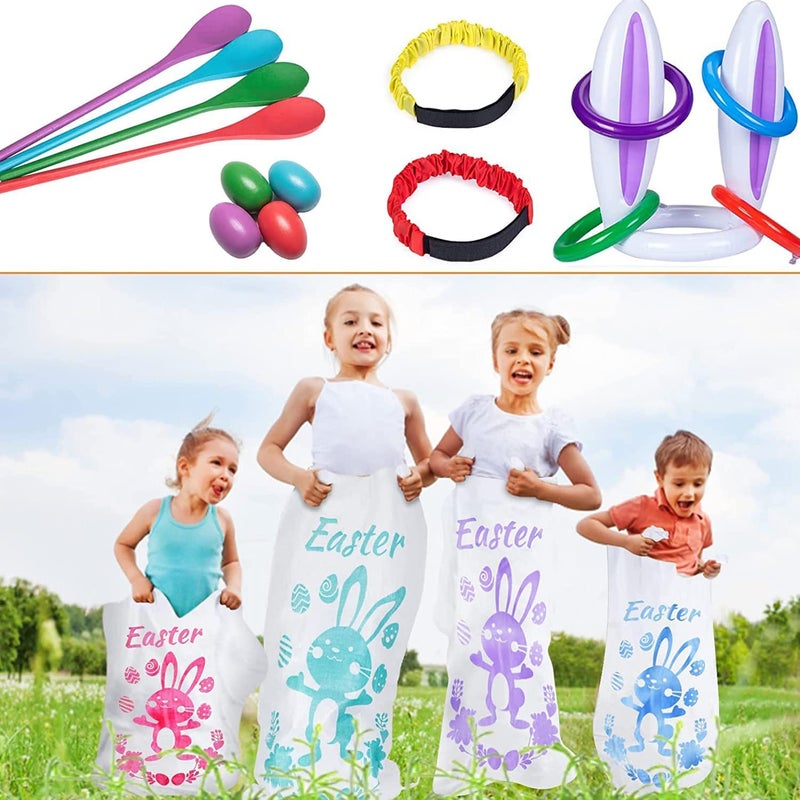 ThinkMax 4 Players Easter Outdoor Party Games for Kids and Family - Potato Sack Race Jumping Bags, Legged Relay Race Bands, Egg and Spoon Race and Inflatable Bunny Ring Toss Games - Easter Party Supplies - Image 1